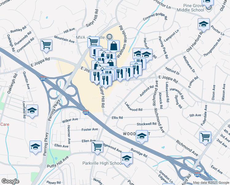map of restaurants, bars, coffee shops, grocery stores, and more near 8800 Old Harford Road in Parkville