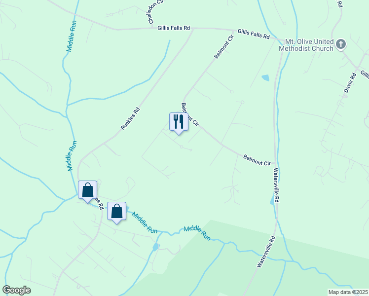 map of restaurants, bars, coffee shops, grocery stores, and more near 6419 Homebuilder Drive in Mount Airy