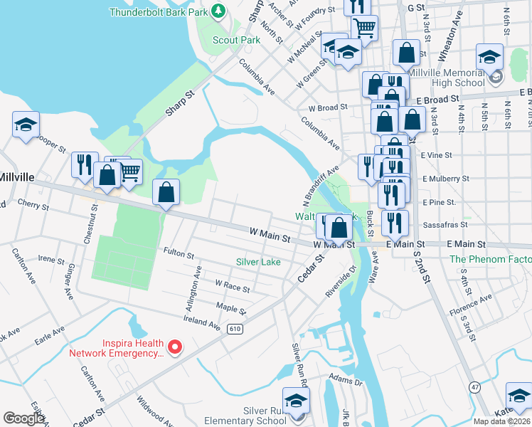 map of restaurants, bars, coffee shops, grocery stores, and more near 324 Maurice Street in Millville