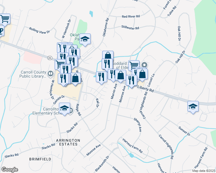 map of restaurants, bars, coffee shops, grocery stores, and more near 6519 Dundee Drive in Eldersburg
