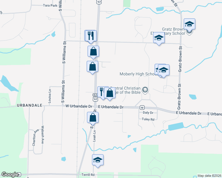 map of restaurants, bars, coffee shops, grocery stores, and more near 415 Eagle Street in Moberly
