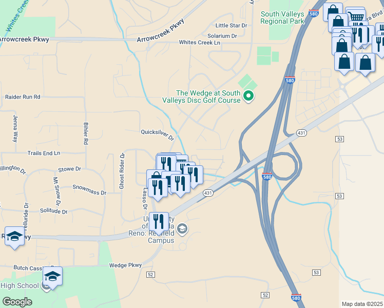 map of restaurants, bars, coffee shops, grocery stores, and more near 77 Wagon Wheel Court in Reno