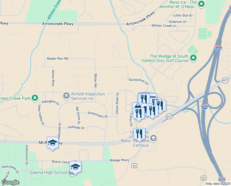 map of restaurants, bars, coffee shops, grocery stores, and more near 14285 Ghost Rider Drive in Reno