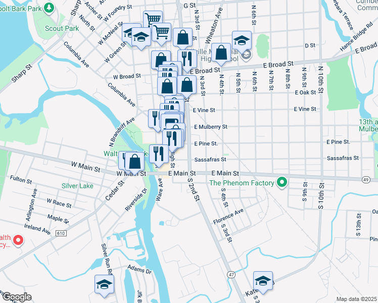 map of restaurants, bars, coffee shops, grocery stores, and more near 8 East Pine Street in Millville