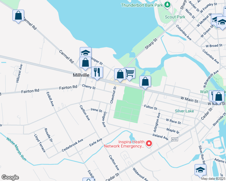 map of restaurants, bars, coffee shops, grocery stores, and more near 707 West Main Street in Millville