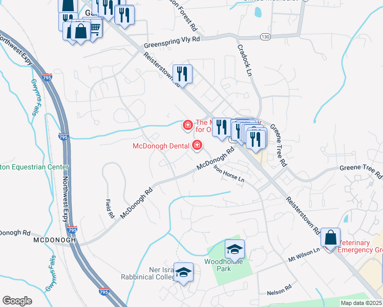 map of restaurants, bars, coffee shops, grocery stores, and more near 6 Steeplejack Court in Owings Mills