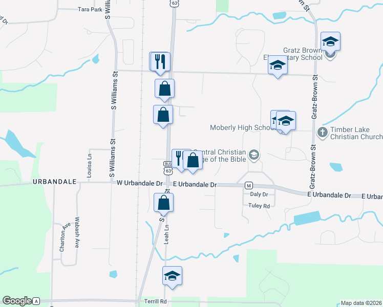 map of restaurants, bars, coffee shops, grocery stores, and more near 415 Eagle Street in Moberly