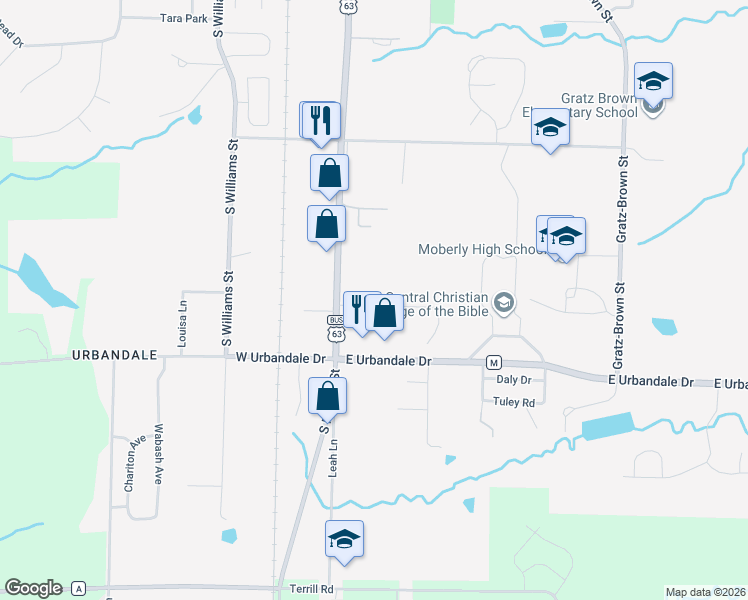 map of restaurants, bars, coffee shops, grocery stores, and more near 415 Eagle Street in Moberly