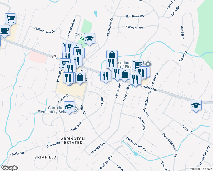 map of restaurants, bars, coffee shops, grocery stores, and more near 1821 Cassandra Drive in Eldersburg