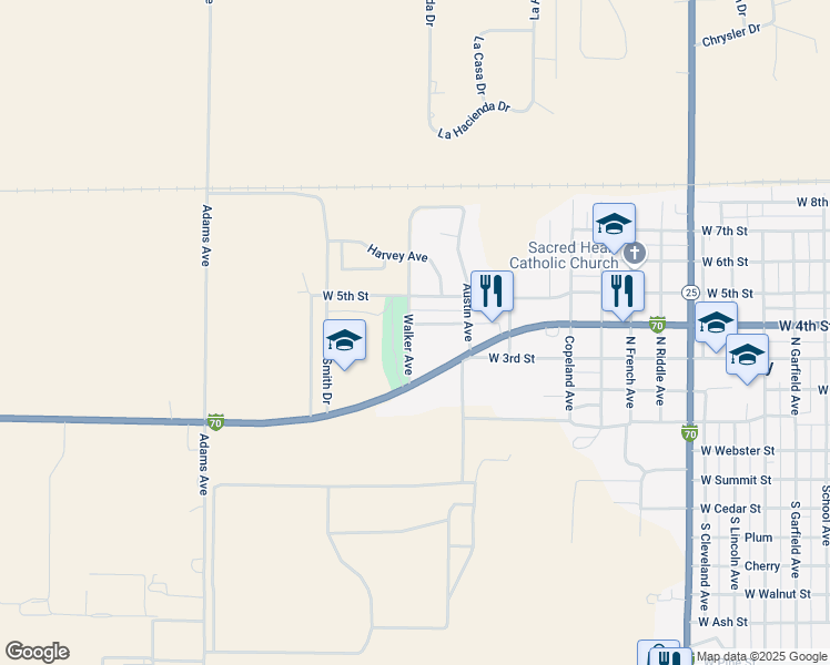 map of restaurants, bars, coffee shops, grocery stores, and more near Walker Ave in Colby
