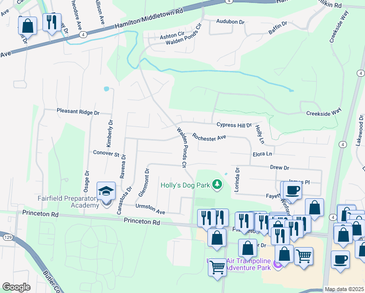 map of restaurants, bars, coffee shops, grocery stores, and more near 6395 Walden Ponds Circle in Hamilton