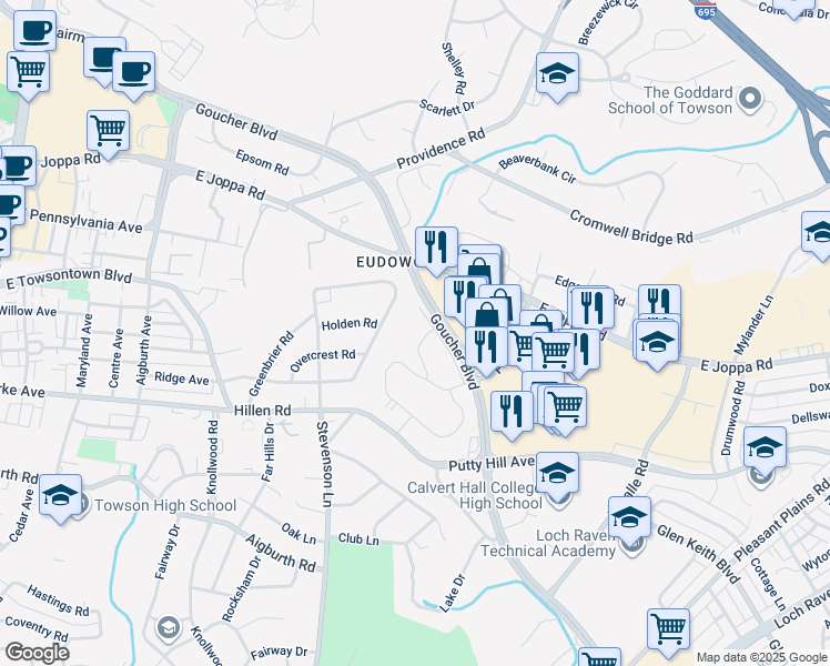 map of restaurants, bars, coffee shops, grocery stores, and more near 1112 Ivywood Lane in Towson