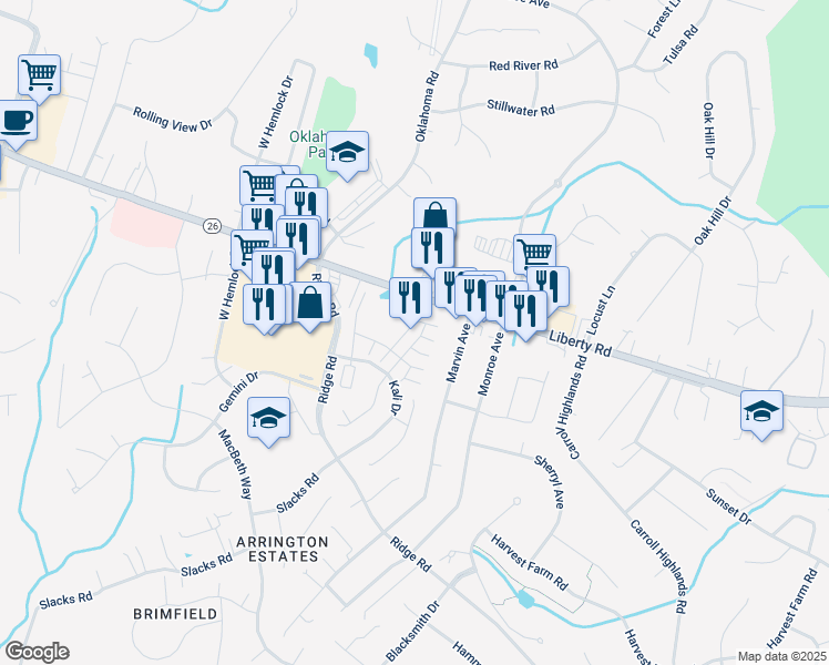 map of restaurants, bars, coffee shops, grocery stores, and more near 1821 Cassandra Drive in Eldersburg