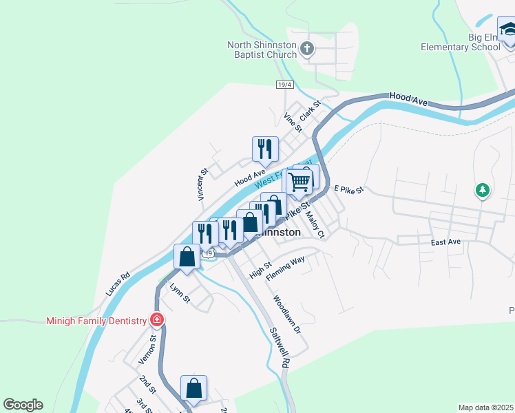 map of restaurants, bars, coffee shops, grocery stores, and more near 20 Water St in Shinnston