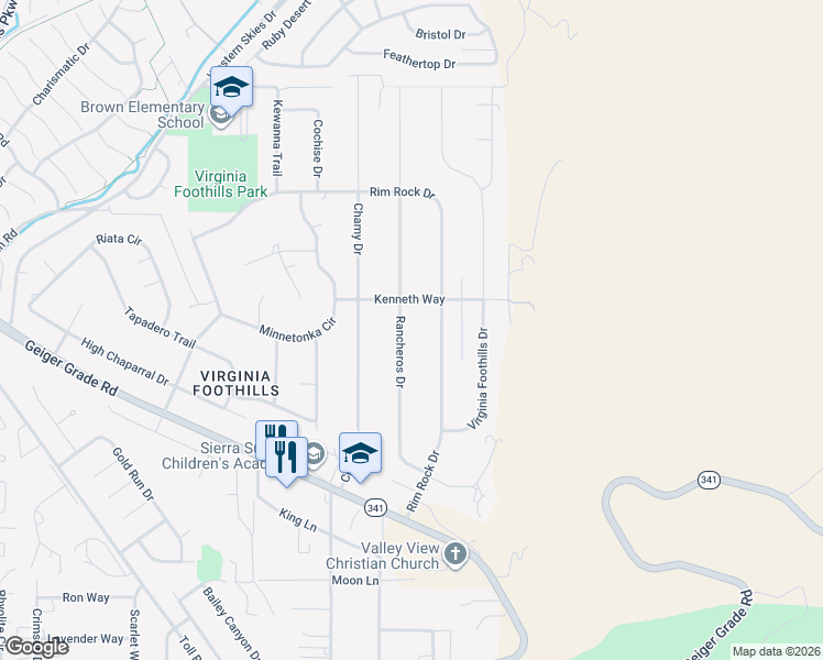 map of restaurants, bars, coffee shops, grocery stores, and more near 14445 Rim Rock Drive in Reno