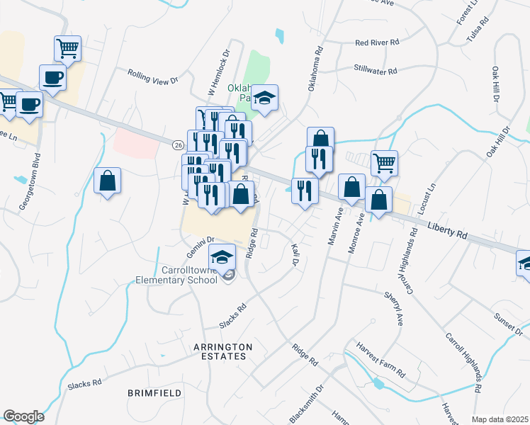 map of restaurants, bars, coffee shops, grocery stores, and more near 6488 Cornwall Drive in Sykesville