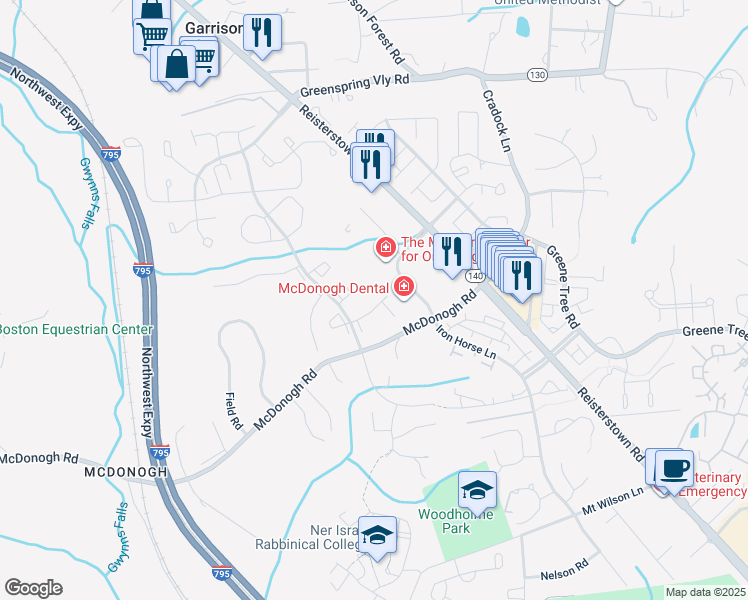 map of restaurants, bars, coffee shops, grocery stores, and more near 6 Steeplejack Court in Owings Mills