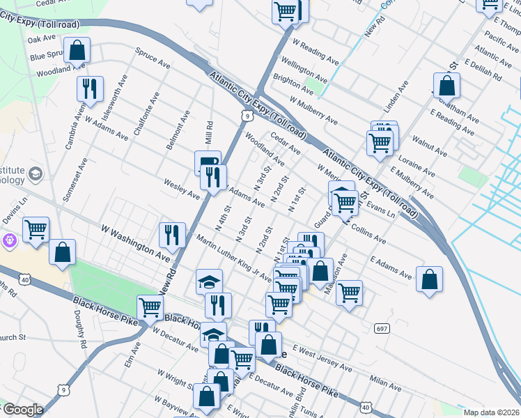 map of restaurants, bars, coffee shops, grocery stores, and more near 304 West Adams Avenue in Pleasantville