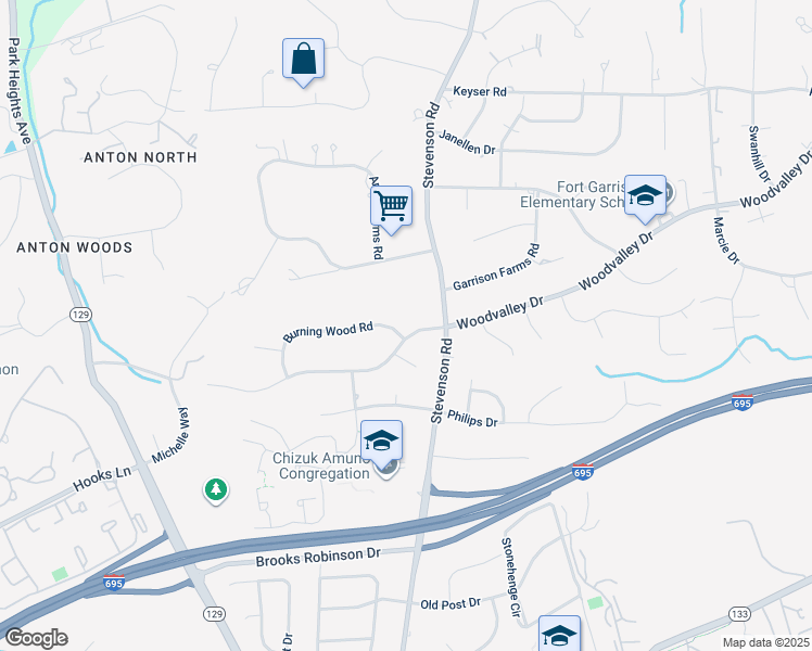 map of restaurants, bars, coffee shops, grocery stores, and more near 3504 Woodvalley Drive in Pikesville