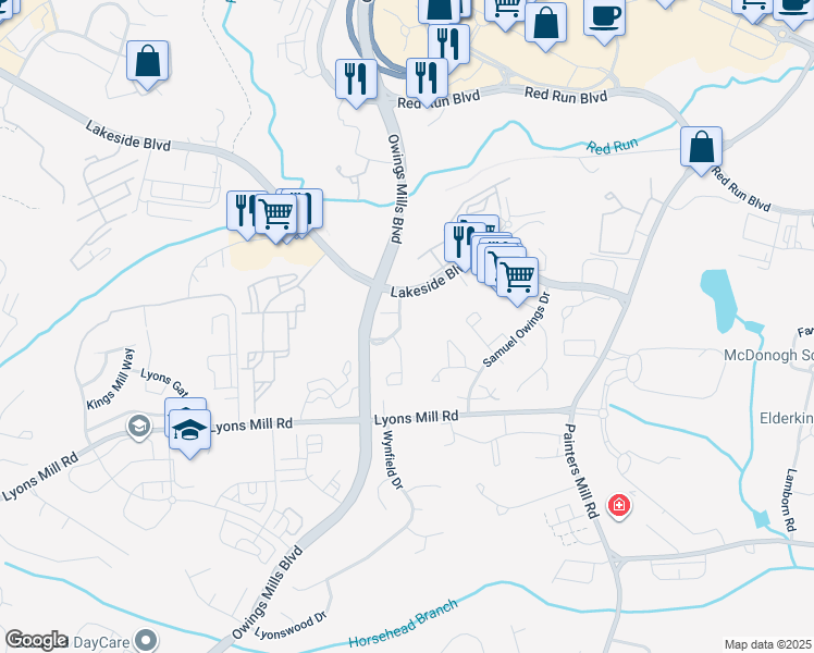 map of restaurants, bars, coffee shops, grocery stores, and more near 4311 Meadow Mills Road in Owings Mills