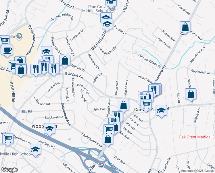 map of restaurants, bars, coffee shops, grocery stores, and more near 9613 Harding Avenue in Parkville