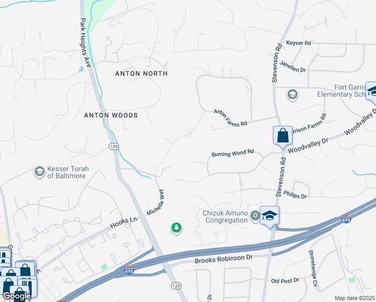 map of restaurants, bars, coffee shops, grocery stores, and more near 3604 Barberry Court in Pikesville