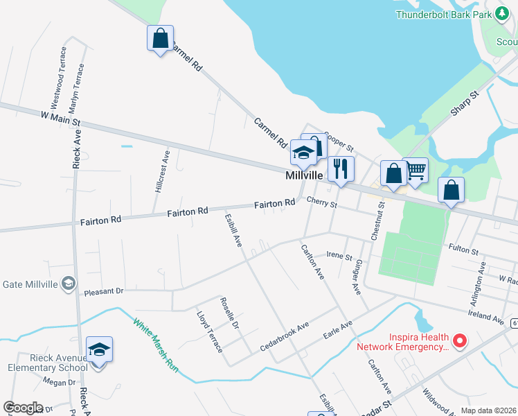 map of restaurants, bars, coffee shops, grocery stores, and more near 1205 Fairton Road in Millville