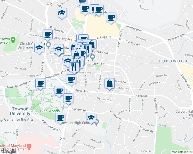 map of restaurants, bars, coffee shops, grocery stores, and more near 207 Wilden Drive in Towson