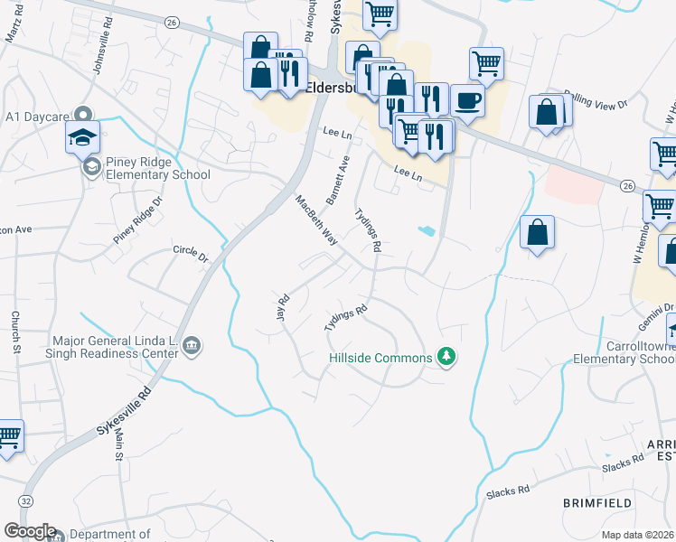 map of restaurants, bars, coffee shops, grocery stores, and more near 6474 Benjamins Court in Sykesville