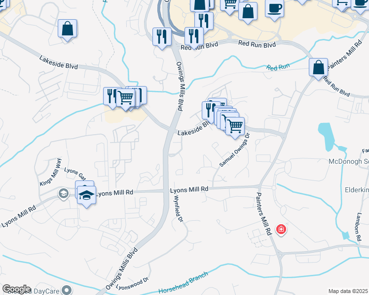 map of restaurants, bars, coffee shops, grocery stores, and more near 4311 Meadow Mills Road in Owings Mills