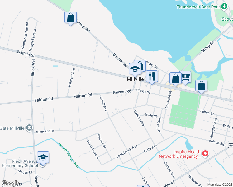 map of restaurants, bars, coffee shops, grocery stores, and more near 1205 Fairton Road in Millville