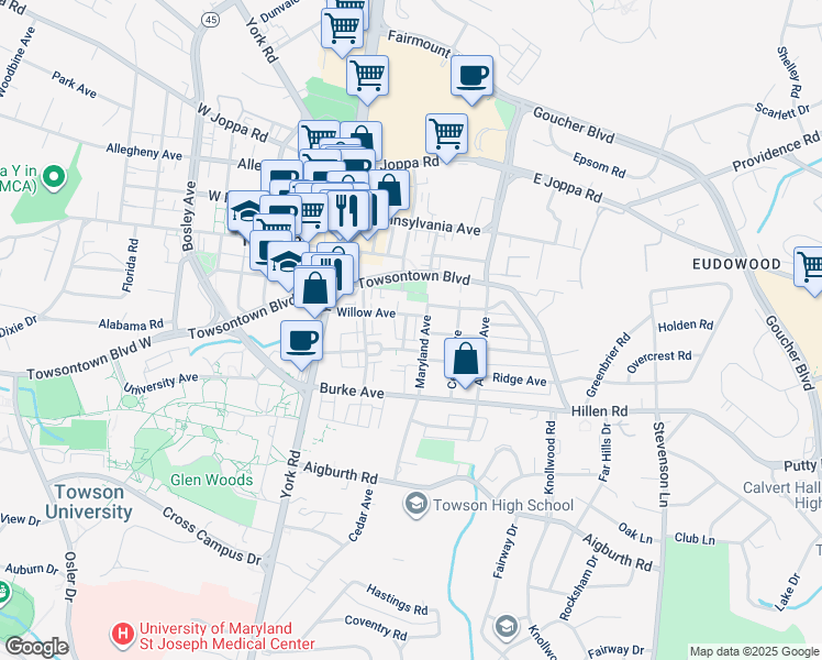 map of restaurants, bars, coffee shops, grocery stores, and more near 207 Wilden Drive in Towson
