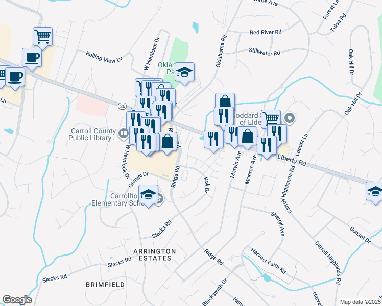 map of restaurants, bars, coffee shops, grocery stores, and more near 1900 Lennox Drive in Eldersburg