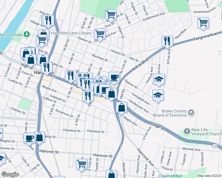 map of restaurants, bars, coffee shops, grocery stores, and more near 1025 Campbell Avenue in Hamilton