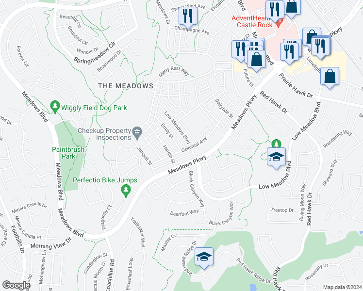 map of restaurants, bars, coffee shops, grocery stores, and more near 3288 Emily Street in Castle Rock