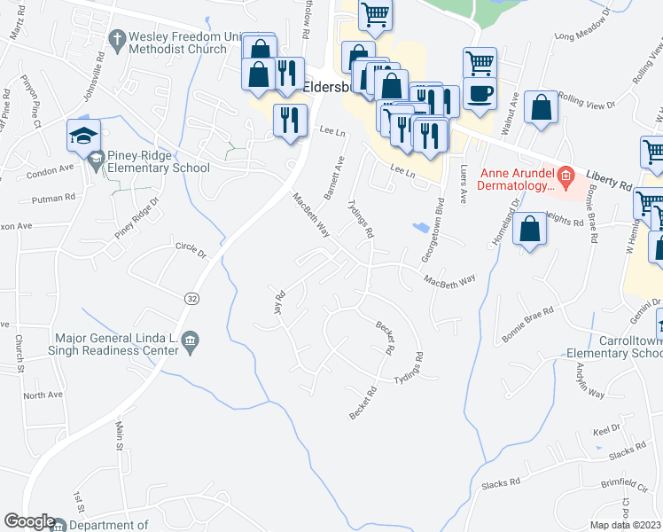 map of restaurants, bars, coffee shops, grocery stores, and more near 1413 Jay Road in Eldersburg