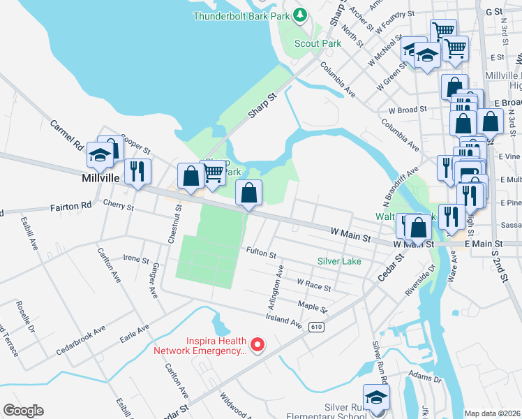 map of restaurants, bars, coffee shops, grocery stores, and more near 528 West Main Street in Millville