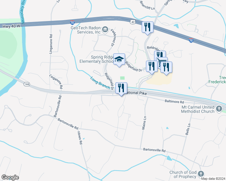 map of restaurants, bars, coffee shops, grocery stores, and more near 9001 Ridgefield Drive in Frederick
