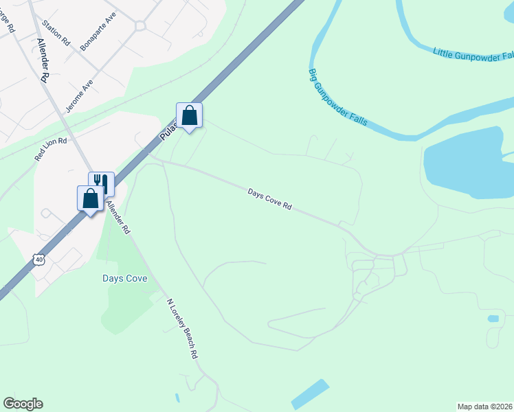 map of restaurants, bars, coffee shops, grocery stores, and more near 6349 Days Cove Road in White Marsh