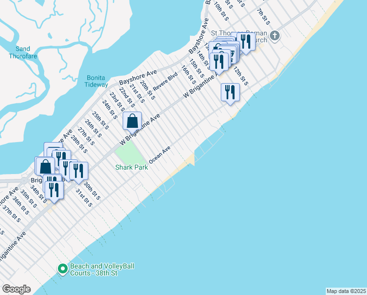 map of restaurants, bars, coffee shops, grocery stores, and more near 2000 Ocean Avenue in Brigantine