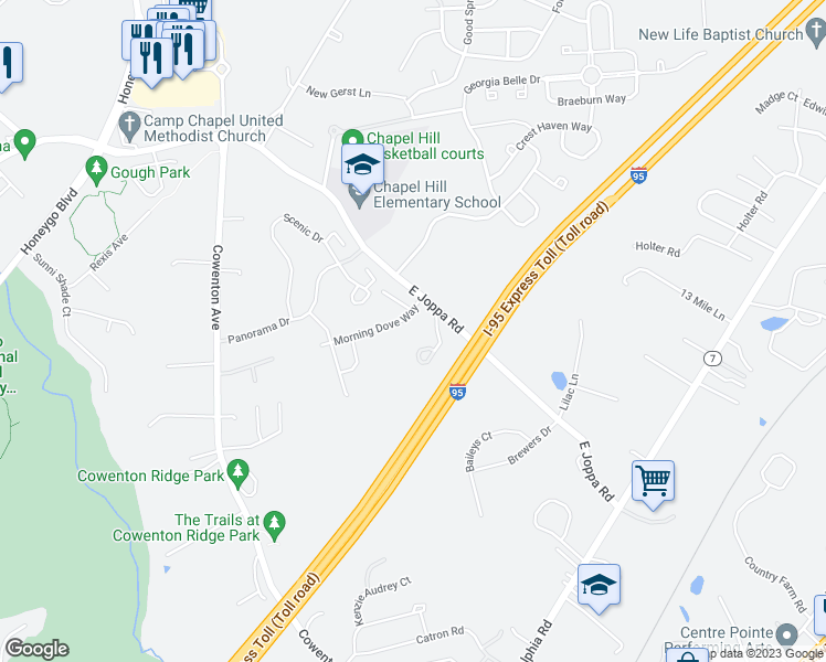 map of restaurants, bars, coffee shops, grocery stores, and more near 5237 Morning Dove Way in Perry Hall