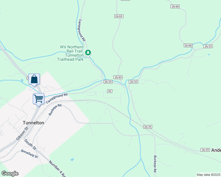 map of restaurants, bars, coffee shops, grocery stores, and more near County Route 26/35 in Tunnelton