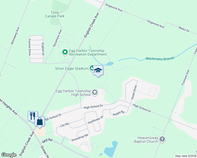 map of restaurants, bars, coffee shops, grocery stores, and more near 24 High School Drive in Egg Harbor Township