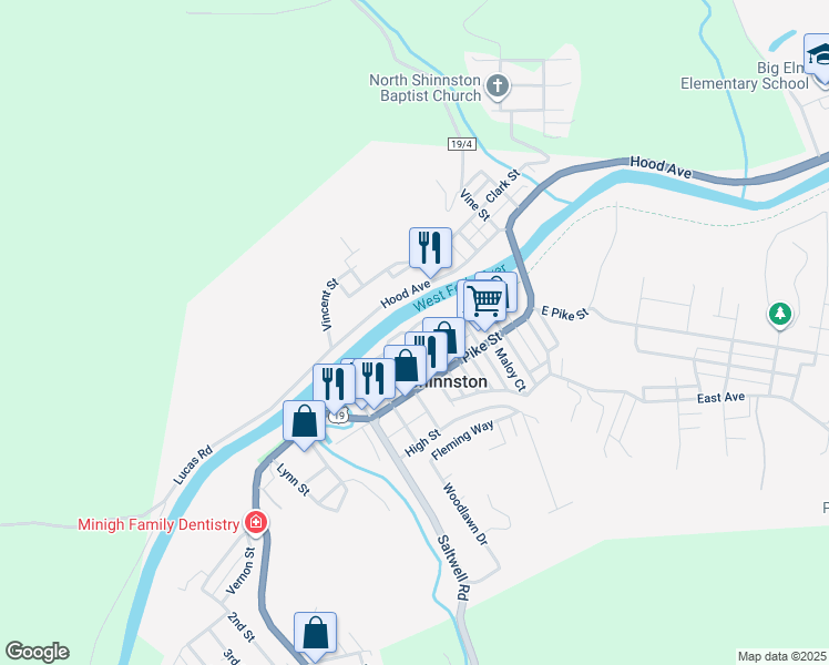 map of restaurants, bars, coffee shops, grocery stores, and more near 20 Water St in Shinnston