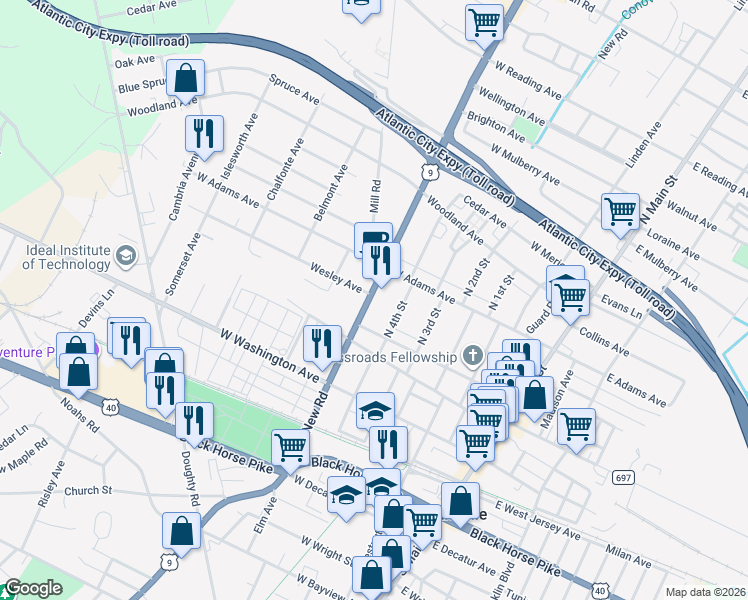 map of restaurants, bars, coffee shops, grocery stores, and more near 127 North New Road in Pleasantville