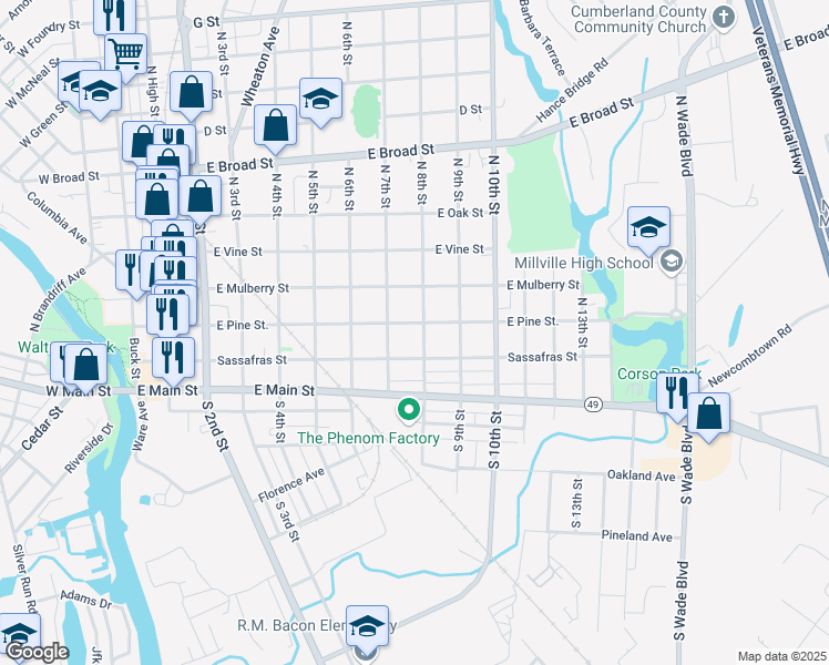map of restaurants, bars, coffee shops, grocery stores, and more near 720 East Pine Street in Millville