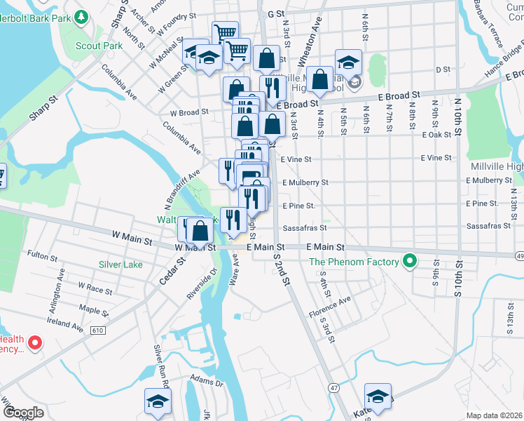 map of restaurants, bars, coffee shops, grocery stores, and more near 8 East Pine Street in Millville