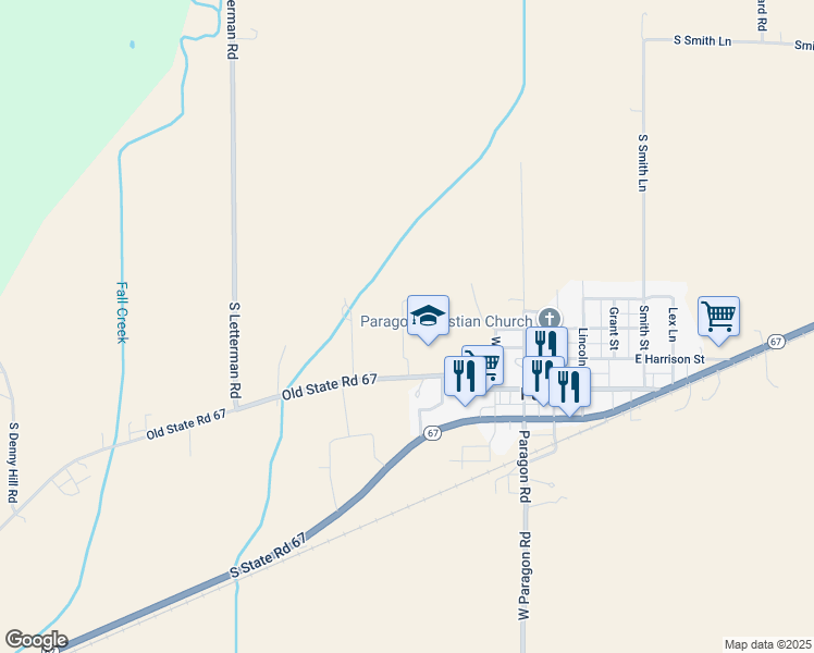 map of restaurants, bars, coffee shops, grocery stores, and more near 7480 Old State Road 67 in Paragon