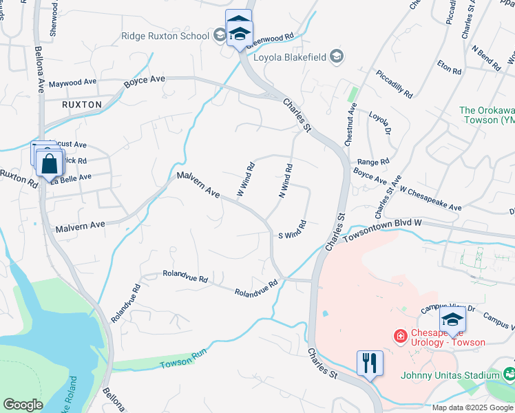 map of restaurants, bars, coffee shops, grocery stores, and more near 906 Malvern Avenue in Towson