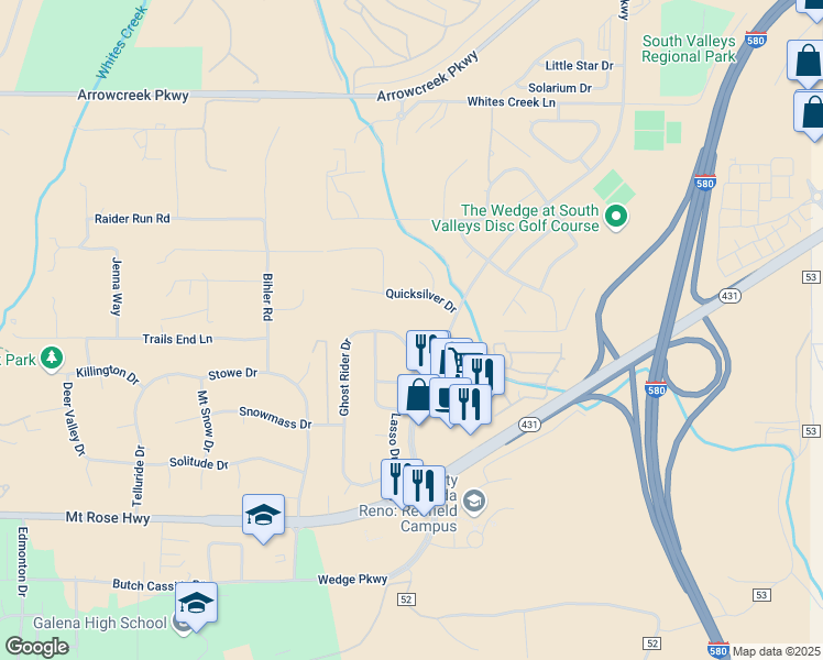 map of restaurants, bars, coffee shops, grocery stores, and more near 765 Summer Star Place in Reno